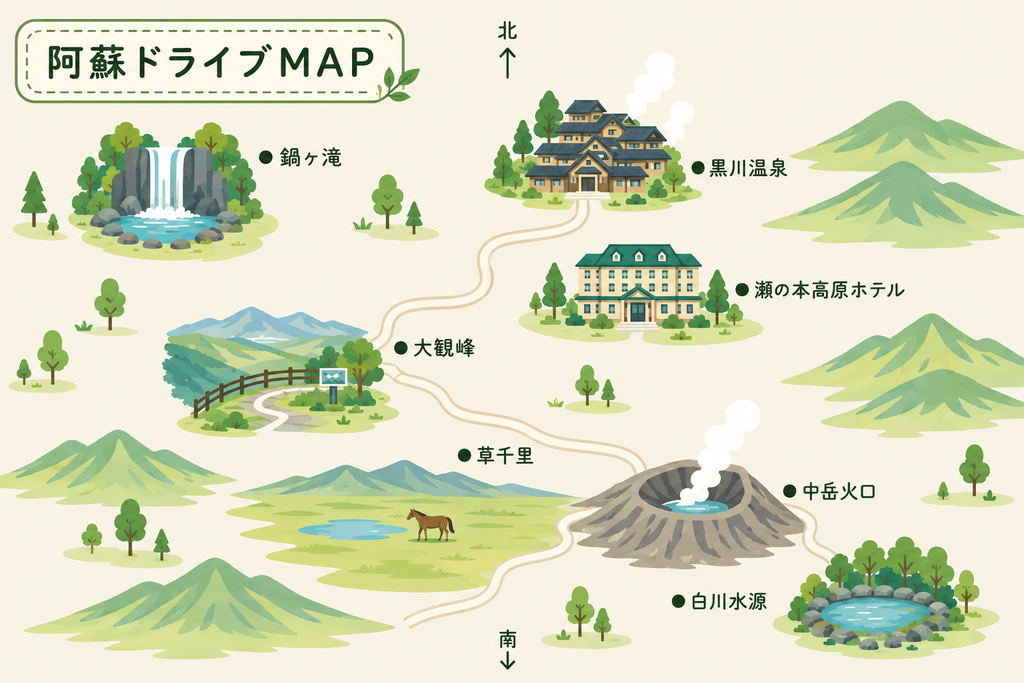 阿蘇ドライブMAP｜鍋ヶ滝・大観峰・草千里・中岳火口・白川水源をめぐるルート