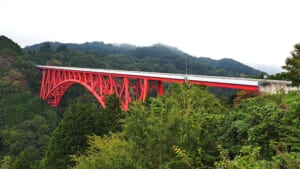 奥出雲おろちループの赤い三井野大橋と山の景色